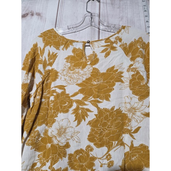Papermoon Shirt Womens Medium White Mustard Floral Lace Trim 3/4 Sleeve Boho - Picture 6 of 8